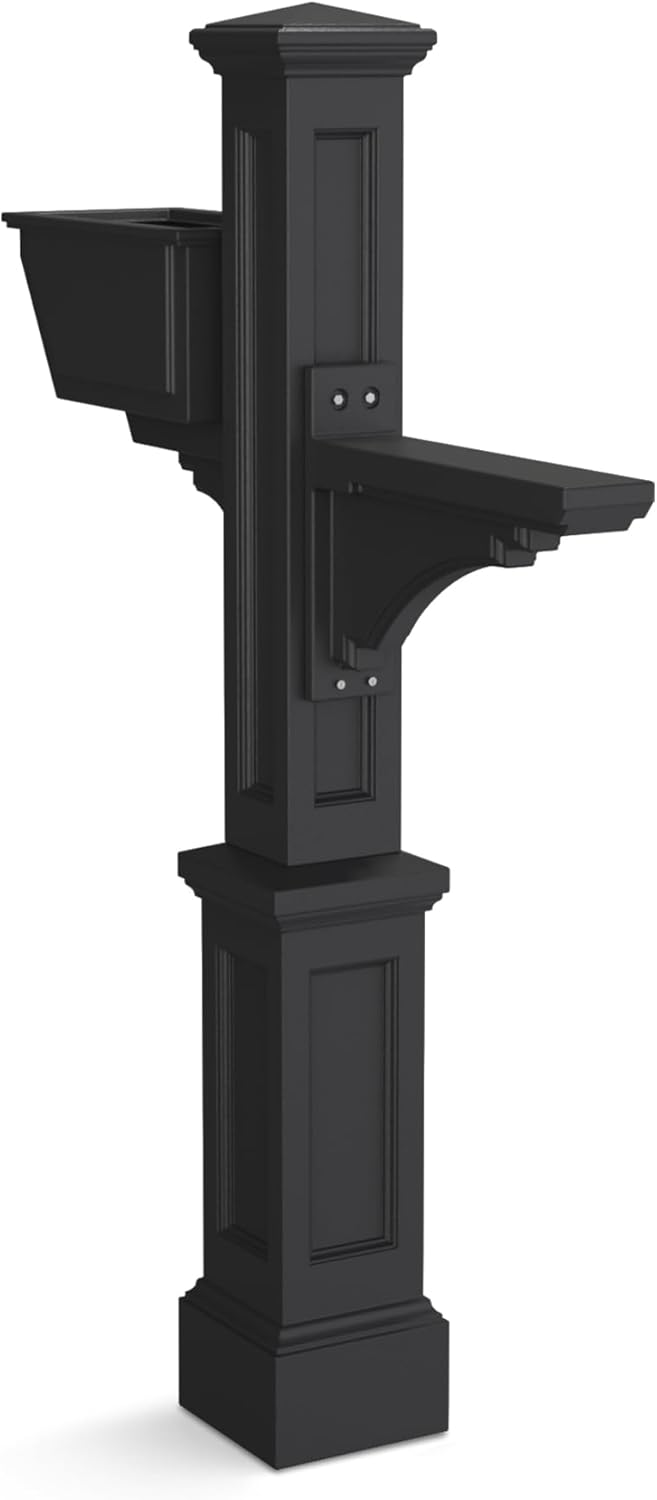 Mayne Westbrook Mailbox Post with Standard Arm and Planter – Weather-Resistant, Durable Classic Design – Easy-to-Install Outdoor Mailbox Post Black