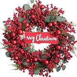 idyllic 22' Artificial Christmas Front Door Wreath, Red Green Wreath Decorated with Eucalyptus Leaves, Ball Ornaments, Red Berry Cluster, Indoor Outdoor Home Wall Window Porch Decor
