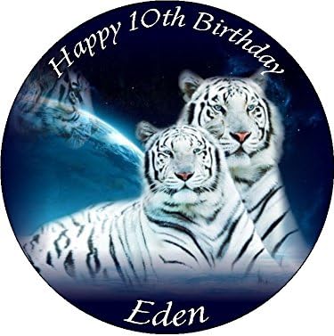 Personalised White Tigers Edible Icing Cake Topper Circle 7.5" /19cm [Please use the SEND AS A GIFT facility on the checkout page to tell us the wording required on your topper.]