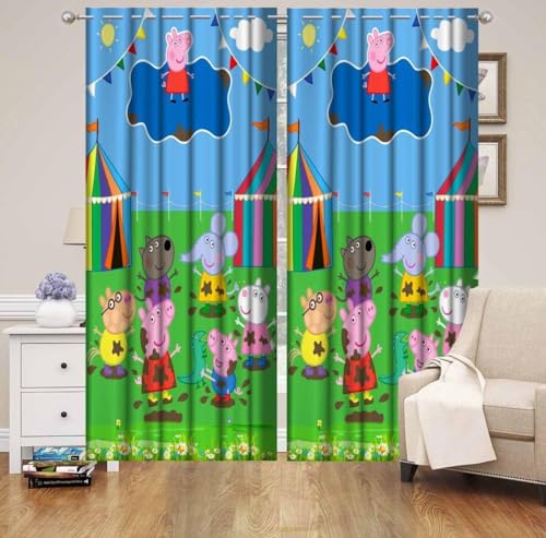 Image of Papa Pig Cartoon Theme Window Curtains for Play School /Kids Room Parde for Decoration, 4x7 feet Long Set of 3 Pc