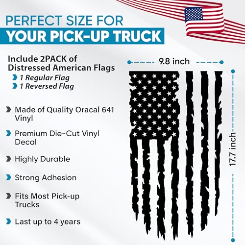 GRITKULTURE Distressed American Flag Vinyl Decal 2 Pack 17 inch by 9 inch for Trucks, Tailgate, Cars, Windows Compatible with Most Pickup EUA Flag - Rear Graphic USA, US Flag Car Sticker (Black)