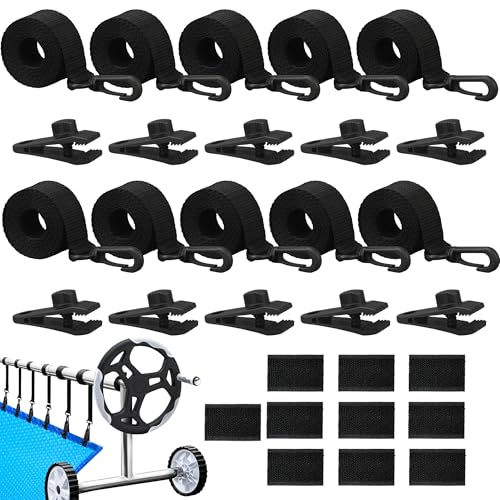 30 PCS Pool Solar Cover Reel Attachment Kit Pool Cover Reel Blanket Straps and Clips Solar Blanket Attachment Strap Kit Including Straps with Hooks Touch Fastener for Universal Inground Swimming Pools