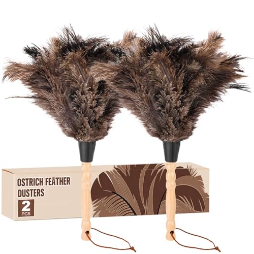 2pcs Ostrich Feather Dusters，Reusable Feather Duster with Wood Handle, Ostrich Feather Dusters for...