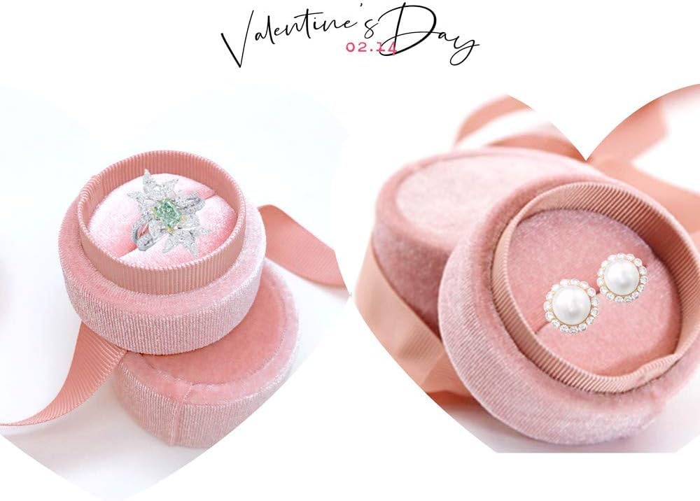 YCTTKDD 1 ück rosa Samt-Ringbox mit Schleife, Schmuckschatulle, Ohrring-Box, Geschenk, Retro-runde Schmuckschatulle, Geschenkbox, kleines Valentinstag-Geburtstagsgeschenk
