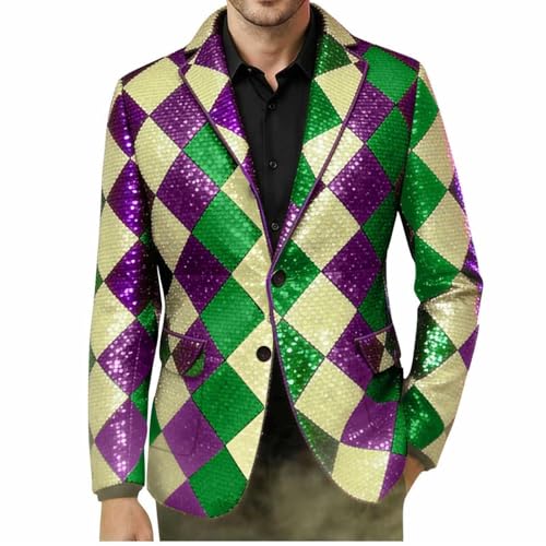 Mardi Gras Blazer for Men,Mardi Gras Blazer for Men 2026 Sequin Sparkle Holiday Jacket Fashion Trendy One Button Carnival Party Suit Outfits Black
