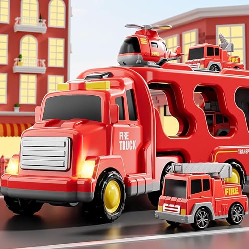 Image of Mini Explorer 5-in-1 Fire Truck Toy Set for Kids | Fire Car Carrier Vehicle with Lights & Sound | Emergency Rescue Transport Toy for Toddlers Girls Boys Ages 1-6 Years, Red