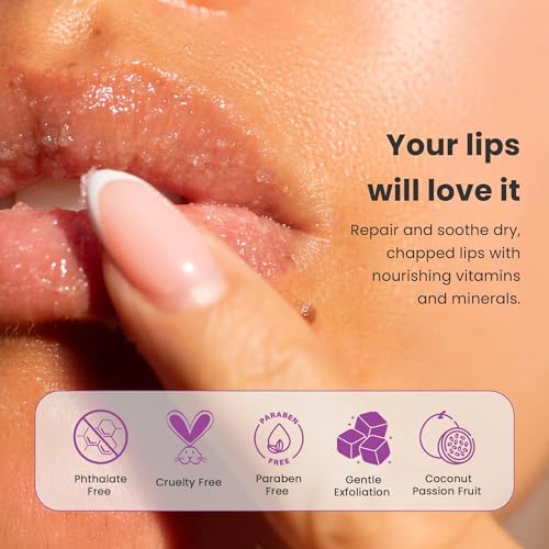 dermasuri - lip exfoliator scrub amp moisturizer - sugar scrubs for soft smooth lips overnight hydration brighten dark lips - stocking stuffer gifts for women - coconut passion fruit flavor- 20g07oz