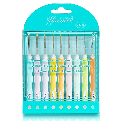 Yarniss Kleine ergonomische Häkelnadel-Set, 9 Größen, Spitzen-Häkelnadeln für Arthritishände, 0,8 mm ~ 2,75 mm Cover