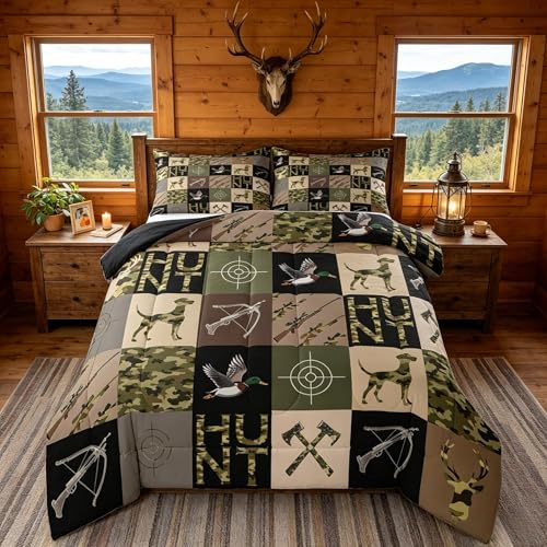 Image of Feelyou Camouflage Deer Duck Hunt Comforter Set Queen Size for Boys Teens Kids,Hunting Camo Theme Bedding Sets Mallard Duck Hunter Quilt Men Room Decor