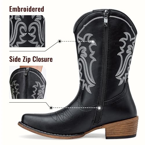 Jeossy Women's Cowboy Boots, Western Cowgirl Mid-Calf Pull on Round Toe Embroidered Country Boots with Inside Zipper3