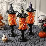 Chunful 3 Pcs Halloween Candy Jar with Lid, Plastic Treat Cookie Containers with Mini Witch Hats, Witch Brooms, Candlesticks and Ribbons, Snack Serving Bowl DIY Candy Bucket Party Decoration