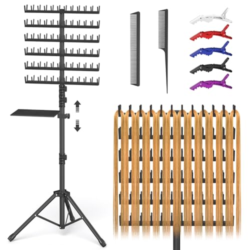 Hemndic Braiding Hair Rack with Tray 2-sided 144 Pegs Heavy Duty Braiding Rack Stand for Hair Height Adjustable Standing Hair Extension Holder with Storage Bag & Braiding Accessories