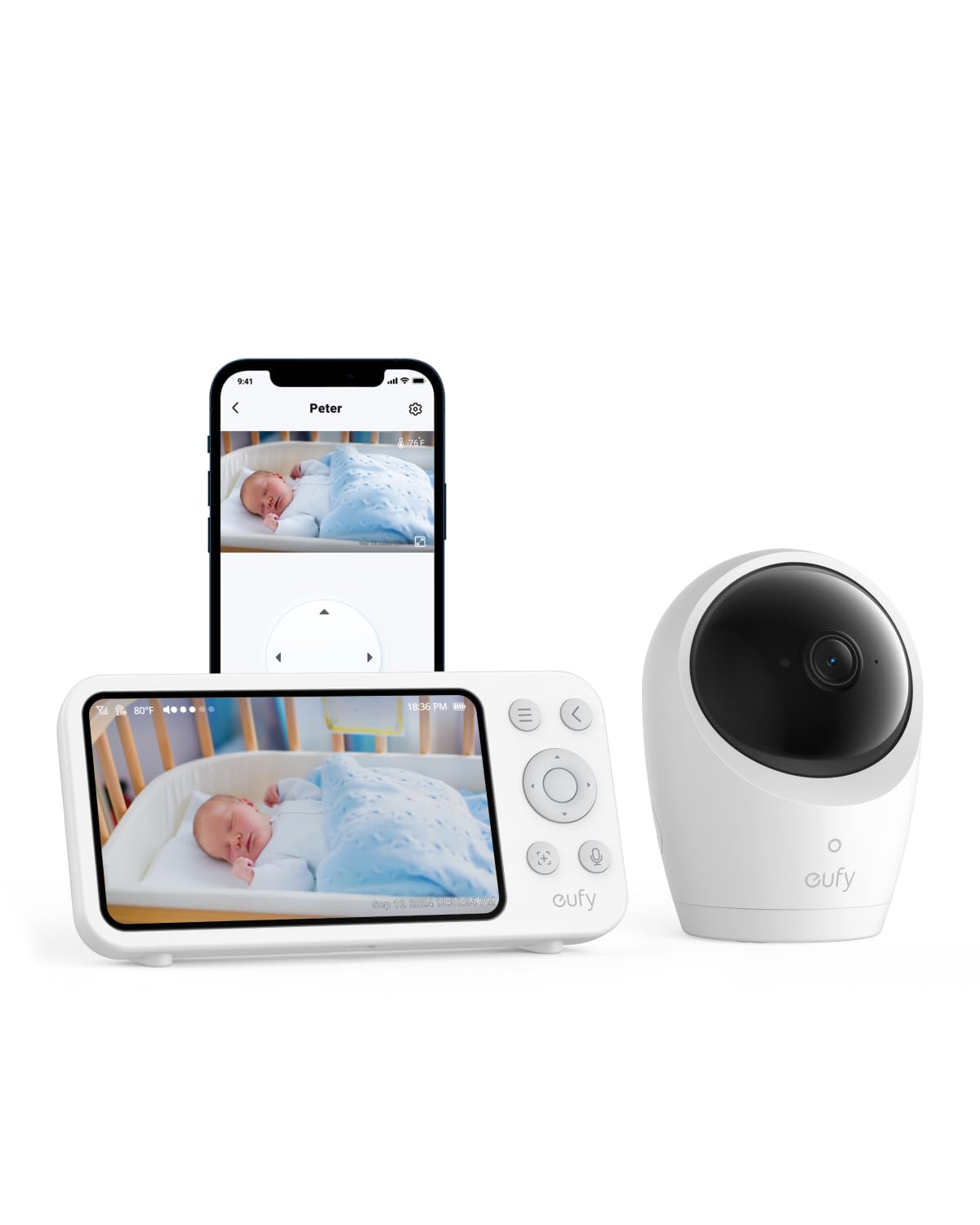 Babyphone eufy E20 avec caméra 2K HD, écran 5" 720p, avec ou sans Wi-FI, contrôle Via l'application ou Le Moniteur, Panorama-Inclinaison, Zoom x 4, caméra Portable avec Batterie intégrée, alertes