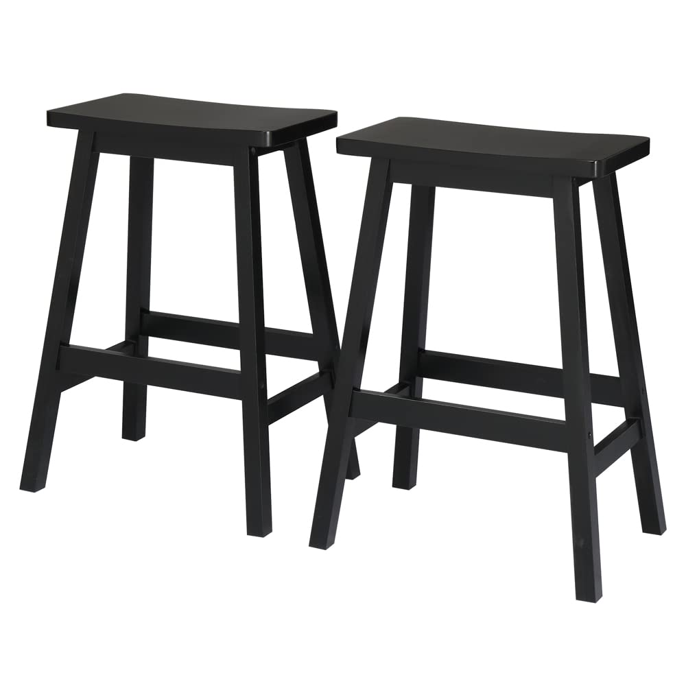 Karl home Wooden Bar Stool Set of 2 with Footrest, 24” Counter Height Black Bar Stools for Kitchen & Living Room, Rustic Wooden Chair for Dining, 300 Capacity