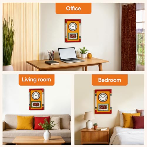 Image of AAKRITI ART CREATIONS Wall Clock Handcrafted Warli Art Yellow Dial with Glass Frame Red | Wall Clock for Home, Home Decoration | Lightweight Wooden wall Decor | Matte Finish