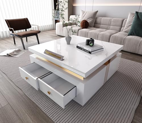 Image of Premium Marble-Top Wooden Center Table for Living Room | Coffee Table | Contemporary Design Craftsmanship (White Big - 36x36x17 Inch)