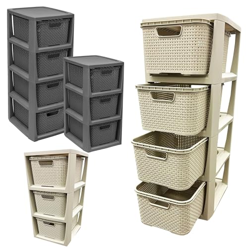 3 Or 4 Drawer Large Spacious Rattan Effect Cream & Grey Home OfficeModular Storage Tower Unit (1, Grey - 4 Drawer)