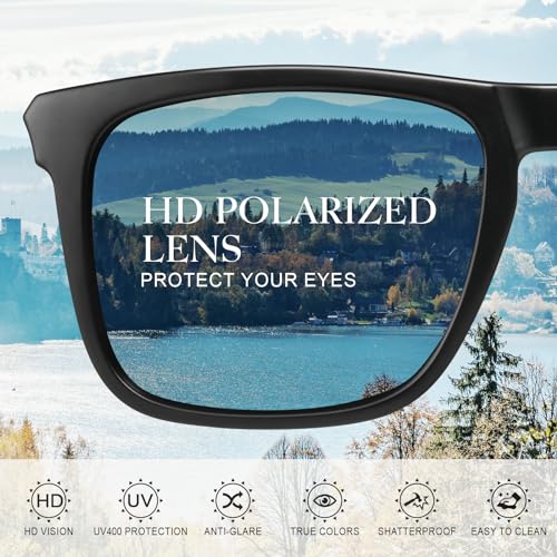 Image of Polarized Sunglasses for Men Women - Square Trendy Retro Sun Glasses Driving Fishing UV Protection, Normal, Black Frame /Black Lenses