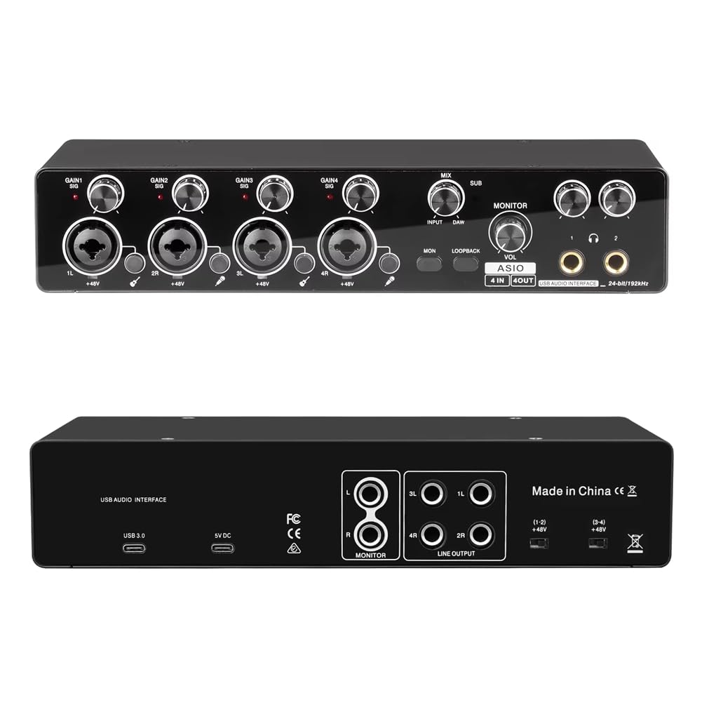 Interfaz de Audio USB Profesional de 4 Canales para Estudio, Grabación en, Tarjeta de Sonido, Preamplificador de Micrófono, Compatible con ASIO.