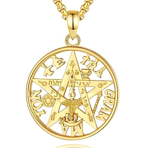 INFUSEU Collar Tetragramaton Pentagram, Plata de ley 925 Oro Luna Símbolo Místico Joyería Amuleto Escudo Bruja Espiritual Cinco Elementos Colgante Mágico Energía Regalo para Mujeres Hombres