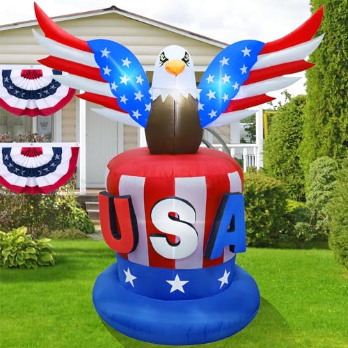 Juegoal Patriotic Independence Day Inflatable, 8Ft Height Usa Bald Eagle On Uncle Sam Hat, Blow Up 4Th Of July Large Outdoor American Celebration Decor With Light For Veterans Day Lawn Yard Garden