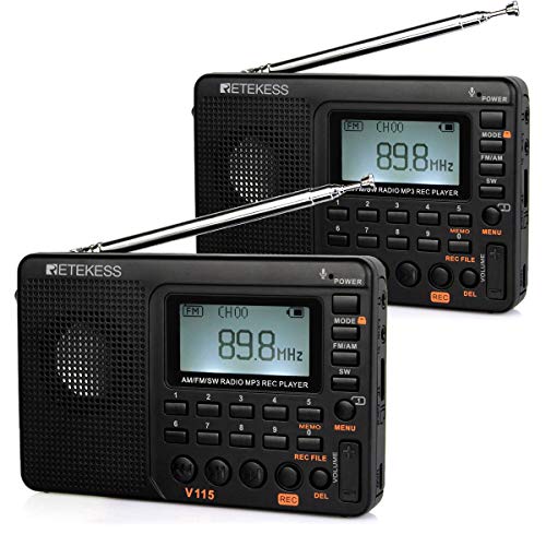 Retekess V115 Radio Porttil, Am FM SW Radio de Onda Corta, con Reproductor MP3, Grabadora Rec, Temporizador de Sueo (Negro, 2 Piezas)