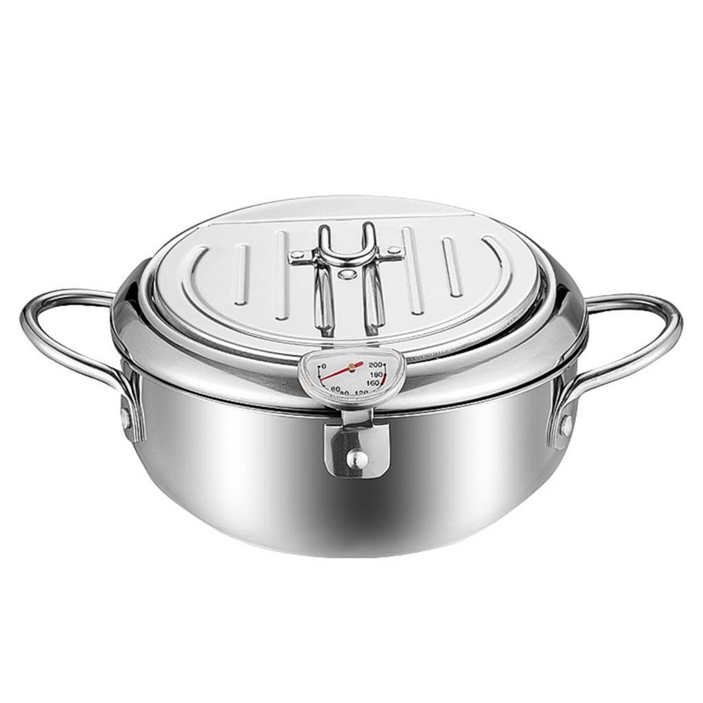 Olla Freidora Japonesa con Desmontable Filtro de Aceite Reutilizable Tapa Giratoria y Estructura Resistente Adecuada para Pollo Pescado, Plata 24cm y Clip, Individual