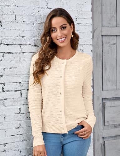 Image of Women's Button Down Cardigan Sweater Causal Open Front Long Sleeve Crewneck Knit Outwear for Women