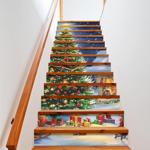 13 Stripes Self-Adhesive Stair Decals, Xmas Gifts Stair Stickers Decals Peel and Stick Vinyl Stair Risers Stickers for Steps, Christmas Tree DIY Home Decorations, 39.4'' W X 7.1'' H