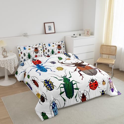 Image of Feelyou Kids Bug Comforter Queen Boys Flying Bugs Pattern Comforter Set for Girls Children Colorful Beetle Collection Decor Bedding Set Soft Lightweight Nature Animal Bed Set 1 Comforter 2 Pillow Case