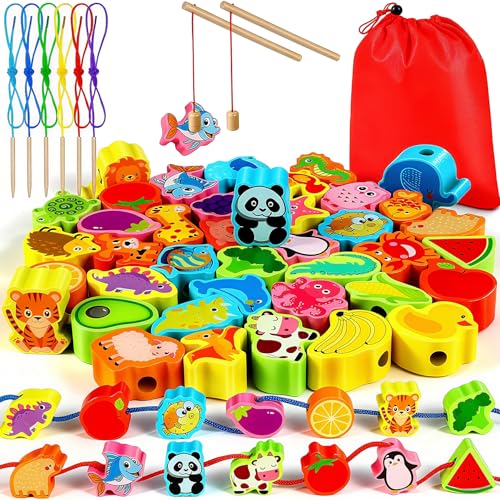 Jojoin 46 Piezas Cuentas de Madera Juguete Enhebrar - 2 en 1 Montessori Juguetes Juego de Pescar para Niños | Fruta Vegetal Animal - Juguetes Educativos Regalo de Pascua para Niños 3 4 5 6 7 años