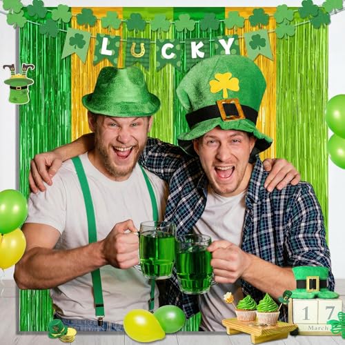 Image of 2 Pack St Patrick Party Decorations, Green Party Backdrop Green Gold Light Green Backdrop Curtains, Metallic St.Patrick Fringe Curtains Party Streamer Tinsel Backdrop, St Patrick Party Supplies