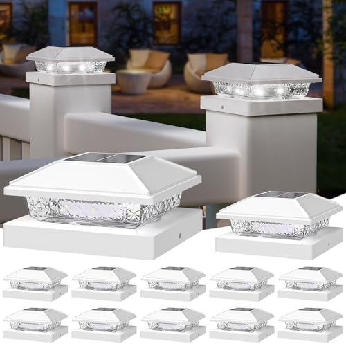 NIORSUN Solar Post Lights Outdoor, Fence Post Solar Lights Cool White, Waterproof, Garden Patio Fence Deck Decor, 4x4 Posts Cap Wood Vinyl, 5x5 Vinyl, White 12 Pack