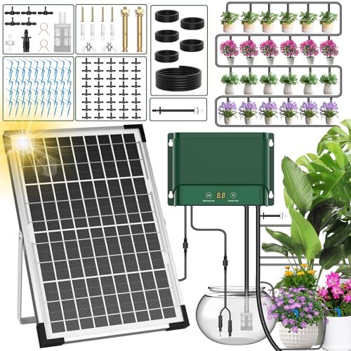 AnseTo Solar Irrigation System 10W for Automatic Plants Watering, Summer Garden Drip Irrigation Kit for Solar Garden Drip Irrigation System,Supported Irrigation System Kit for Plant Bed,Green House