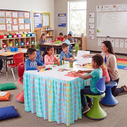 Image of Oudain 14 ft Smiling Face Table Skirt Cloths for Teacher Desk Cartoon Wrinkle Smiling Face Table Cover Skirt for Kindergarten Classroom Kidney Shaped Desk Back to School Supplies
