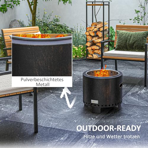 Outsunny Feuerschale, rauchfreier Tischfeuer, Ø45 cm Feuerstelle mit Griff, Schürhaken, Feuerkorb für Garten, Camping, Terrasse, Metall, Schwarz – Bild 5