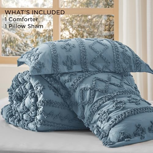 Bedsure Tufted Boho Comforter Set Twin Size - Grayish Blue Boho Bed Set, GentleSoft™ 2 Pieces Farmhouse Shabby Chic Embroidery Bedding, Gifts for Woman, Soft Jacquard Twin Comforter for All Seasons