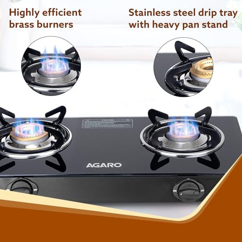 Image of AGARO Elite 2 Burners Gas Stove, Toughened Glass Top, Round Brass Burners, 1 Small & 1 Medium Size Burner, Spill Proof Fixed Drip Tray, Manual Ignition, Kitchen Use, Regular Cooking Use, Black