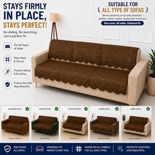 Image of Homerz Premium 'Surya Series' Sofa Cover | Stylish Sofa Protector | Net Fabric | Anti-Stain & Washable Slip Cover Exact Size Antislip (Flower Valley Brown, 6 (3+2+1) Seater, Seat Cover with Backrest)