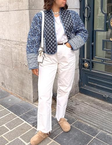 Aimiray Women's Cropped Floral Puffer Jacket Cardigan Printed Lightweight Open Front Padded Quilted Coats(Navyblue-L)4