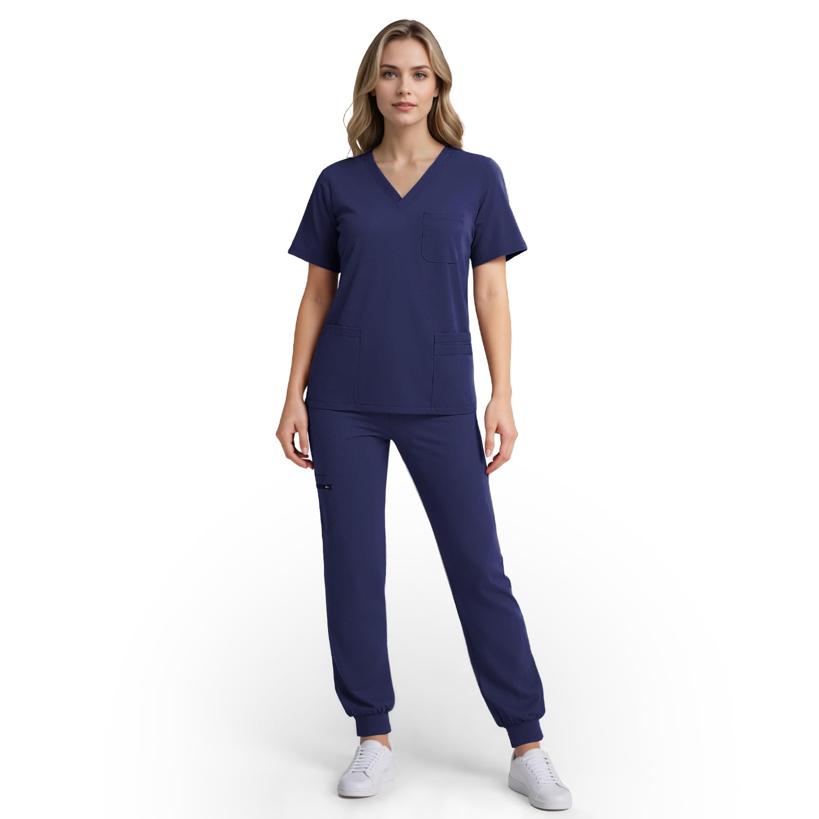 Scrubs for Women Set, Stretchy V-Neck Top & Jogger Pants with Multi-Pocket Yoga Waistband