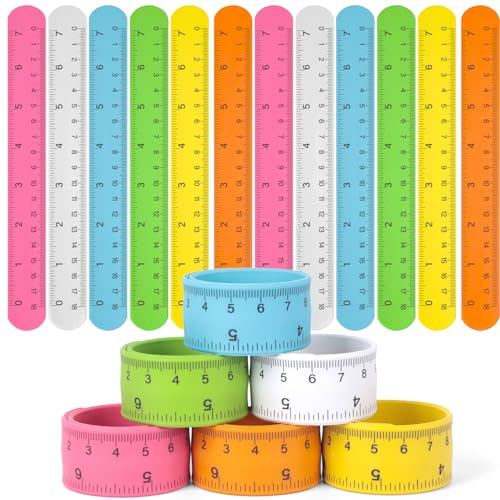 LovesTown 12PCS Ruler Slap Bracelets, Colorful Silicone Snap Bracelets Wristband with Scale for Kids Gifts Party Favors Classroom Prizes