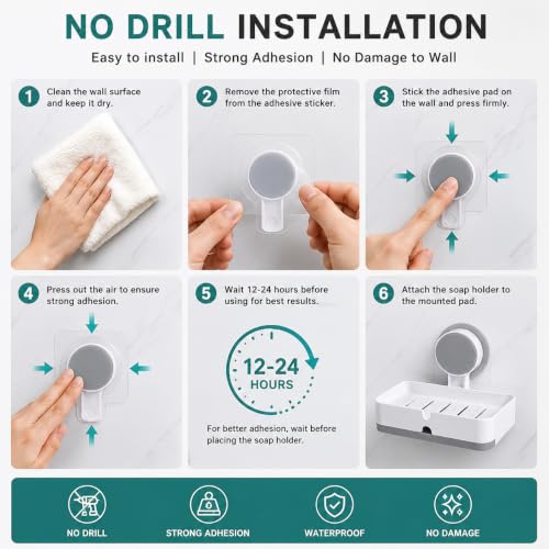 Image of Zollyss Self Adhesive Soap Holder for Bathroom & Kitchen | No Drill Wall Mounted Soap Dish with Drain Tray | Waterproof ABS Plastic