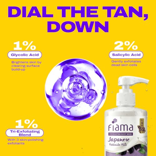 Image of Fiama 4% Detan Serum Exfoliating Body Wash 250ml, 2% Salicylic Acid, 1% Glycolic Acid, 1% Exfoliating Tan Removal Shower Gel, Gently removes dead skin | Exotic Japanese Hokkaido Milk, Punchy Grapefruit Fragrance
