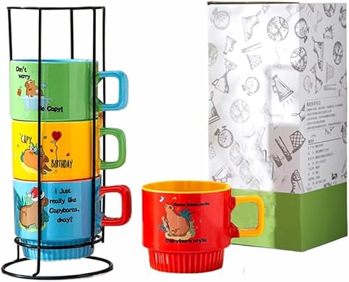 Nexvoro 12 Unzen (360 ml) Porzellan stapelbare Kaffeetassen mit Halter, Set aus 4 Tassen für Kaffee, Tee, Milch, Kakao, mehrfarbig, Capibala-Muster