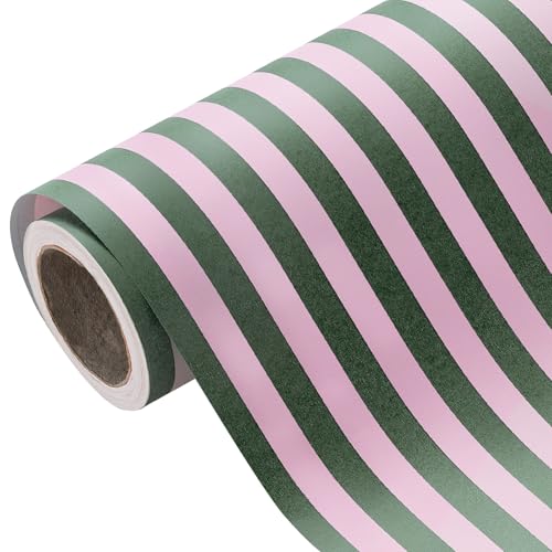 WRAPAHOLIC Kraft Wrapping Paper - Mini Roll - 17 Inch x 33 Feet - Green and Pink Stripe Wrapping Paper for Christmas Birthday Holiday Wedding Baby Shower