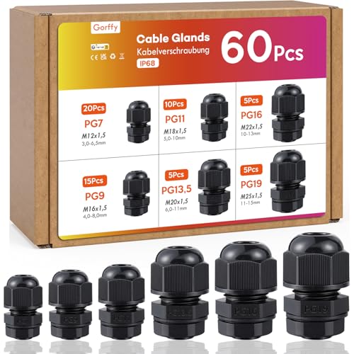 Kabelverschraubung Set mit Dichtungen Gorffy 60 Stück IP68 Kabeldurchführung Wasserdicht PG7 PG9 PG11 PG13.5 PG16 PG19 Kabelverschraubungen für Outdoor Garten Kunststoff Nylon Kabeldurchführungen