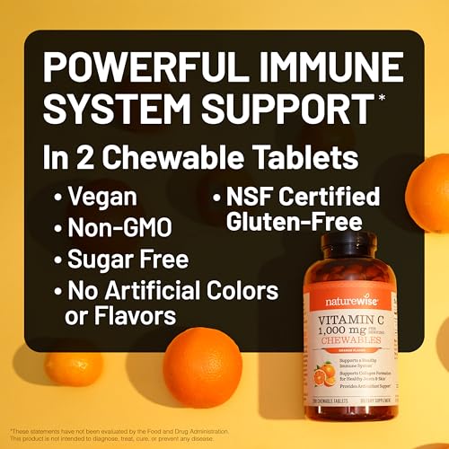 Image of NatureWise Extra Strength Vitamin C Chewable 1000mg for Adults - Natural Orange Flavor - Immune System & Antioxidant Support - Non-GMO, Vegan & Sugar Free - 90 Chewable Tablets[45-Day Supply]