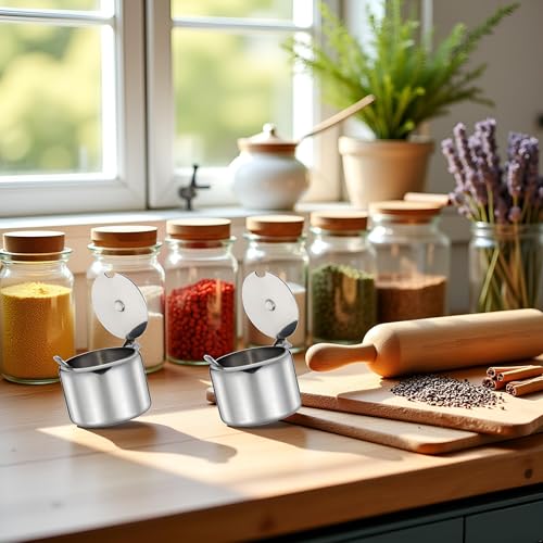 2Pcs Stainless Steel Sugar Bowl Spice Pot Sugar Canister with Spoon - Silver, 285 ml Portable and Useful Economical easoning Jar for Home Kitchen Sugar Bowls - Image 6