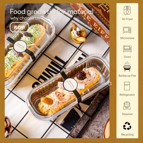 Image of NPLUX Loaf Pans with Lids, 50 Pack Gold 6.8oz for Dessert Displays | Suitable for mini breads, tart portions, dips and sweets; cover-after-cooling setup helps cut repacking steps.
